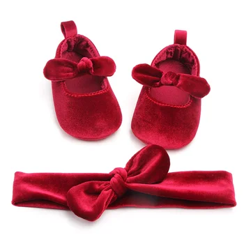 0-18 м, обувь принцессы для новорожденных девочек, комплекты с повязкой на голову, Бархатная красная Рождественская обувь для новорожденных, первые ходунки с бантом