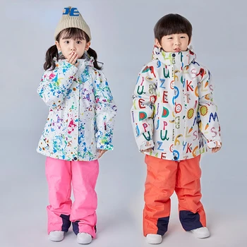 Зимний водонепроницаемый лыжный костюм для детей 110-160 см, куртка для мальчиков и девочек, брюки, комплект из двух предметов, теплый ветрозащитный набор для сноуборда с граффити