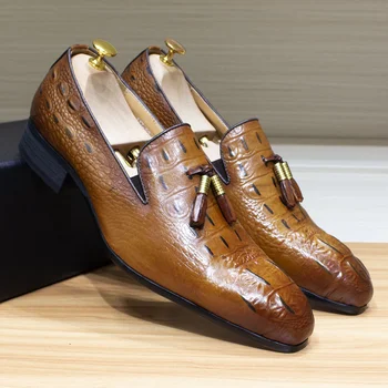 Мужские Лоферы с кисточками, Модельные туфли из натуральной кожи с крокодиловым принтом, Повседневные деловые мужские модельные туфли без застежки для свадебной вечеринки