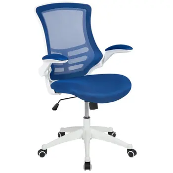 Синее Сетчатое Поворотное Эргономичное Офисное кресло со средней спинкой, Белой рамой и откидными подлокотниками, Фанерное кресло, Металлическое кресло, Табурет, Подоконник